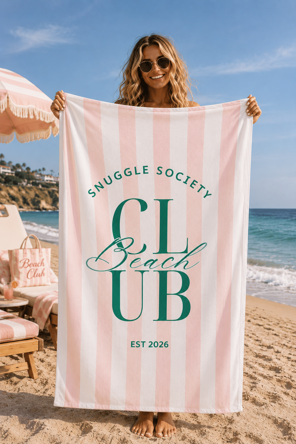 Green beach and pool towel with Snuggle Society Beach Club design