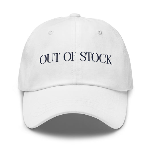 White and navy embroidered Out Of Stock dad hat for women