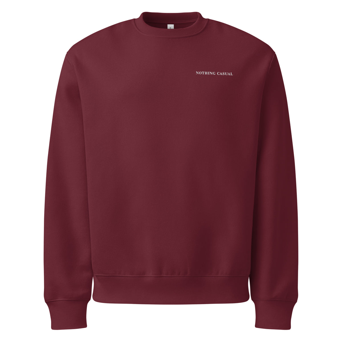 Women’s maroon oversized crewneck sweatshirt with Nothing Casual embroidery